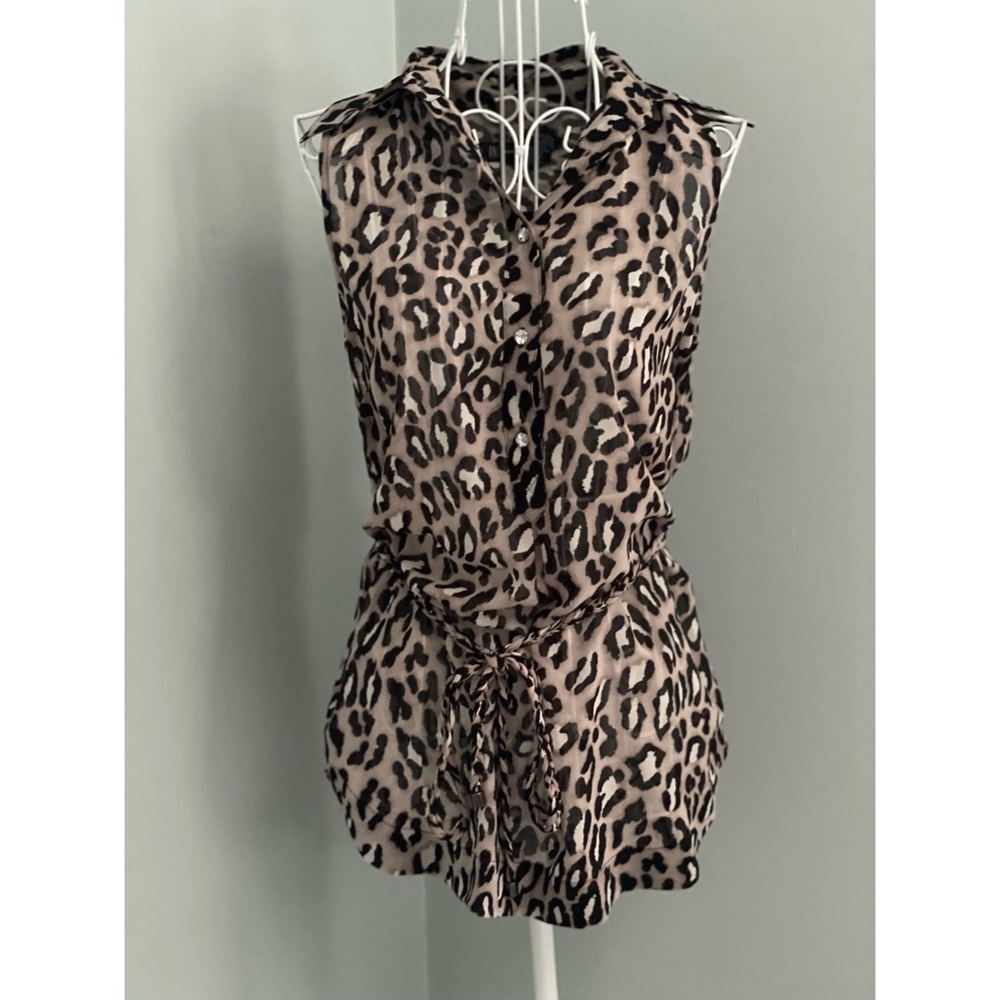 Leopard Animal Print Sleeveless Collared Top Tank Blouse Chiffon Button Down